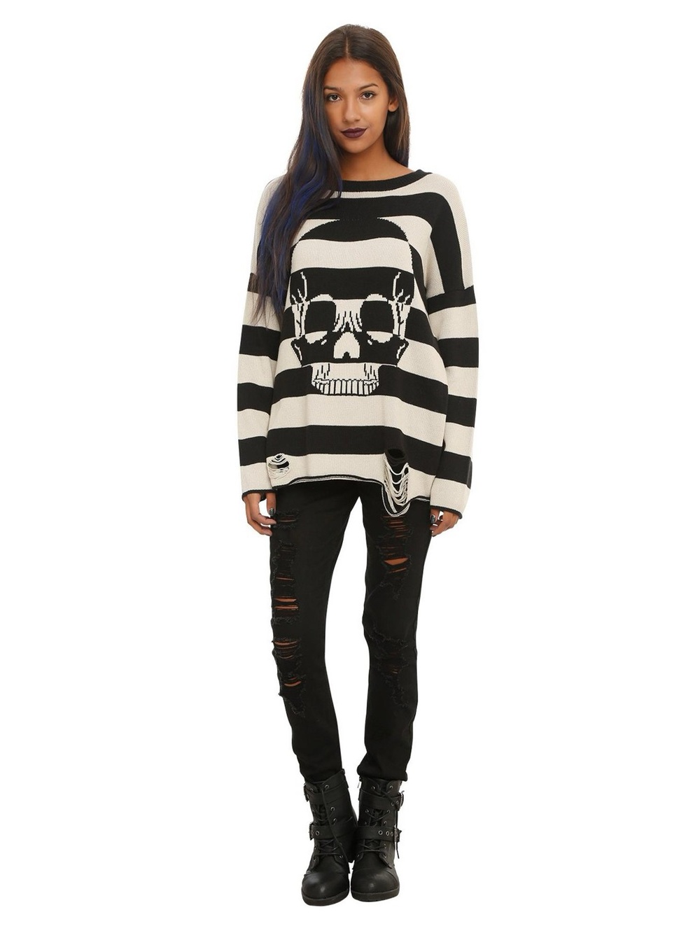 Iron Fist Skeleton Skull Striped Cream and White Distressed Sweater, Size XL